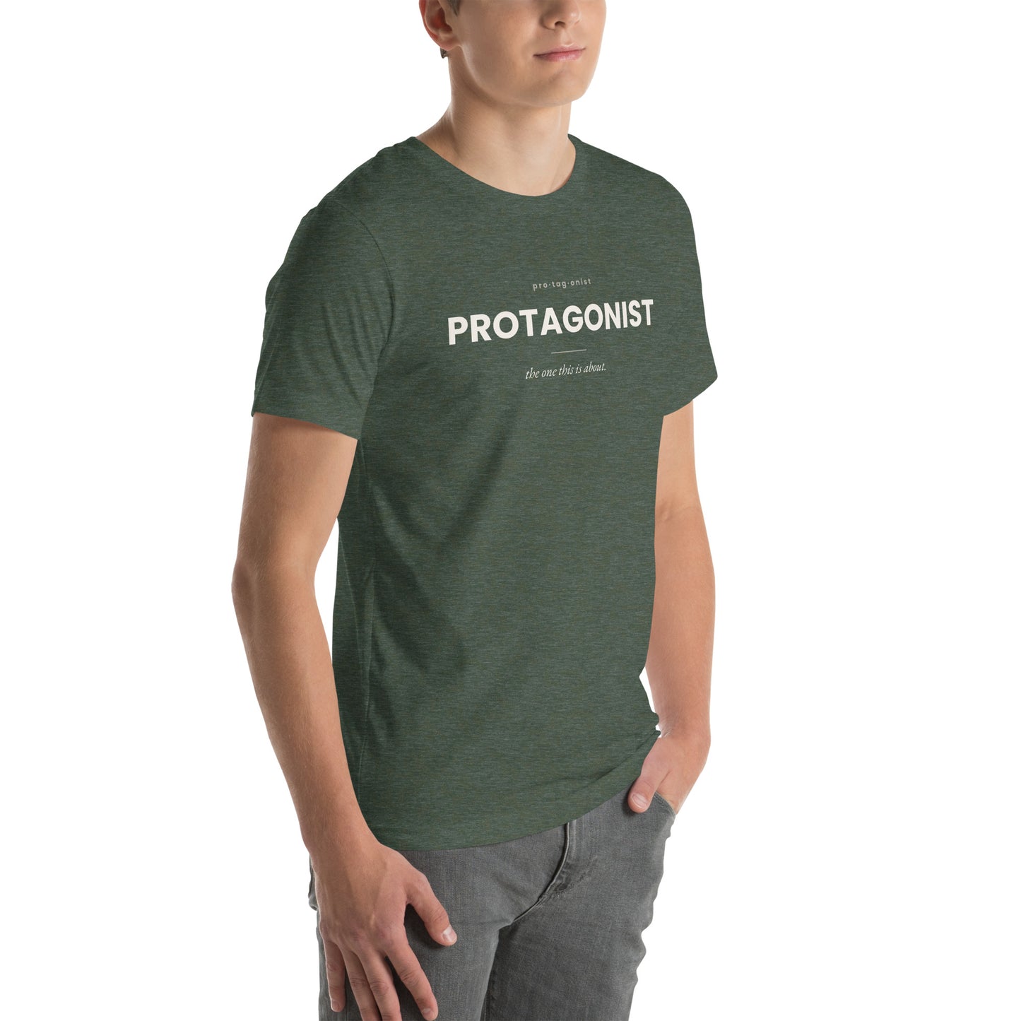 PROTAGONIST Tee in Heather Forest, side angle view