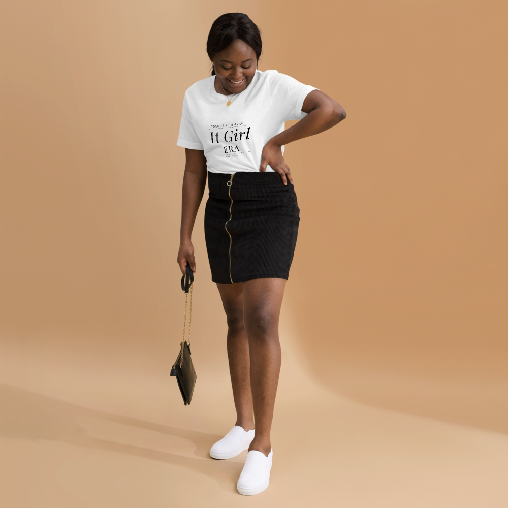IT GIRL ERA Tee on female model, Solid White Blend front design